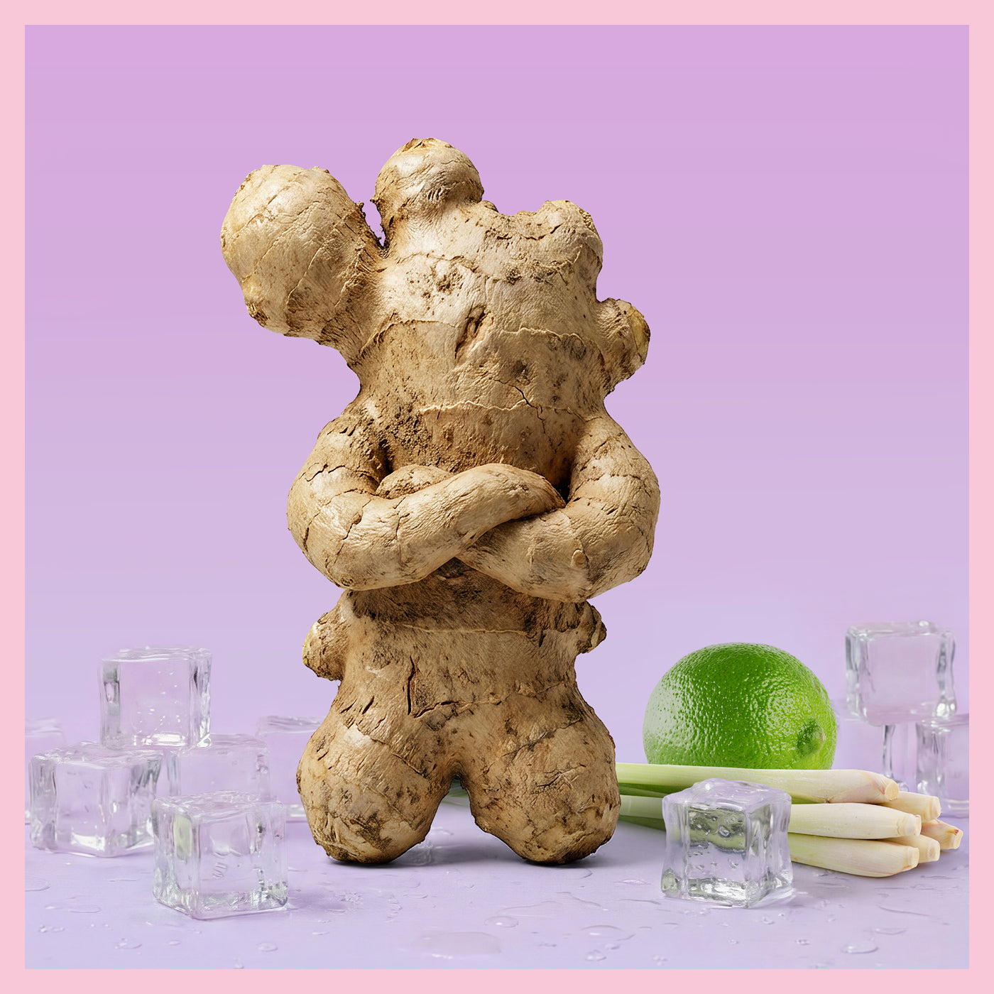 Ingwerknolle in Form einer stehenden Figur mit verschränkten Armen, umgeben von Eiswürfeln, Limette und Zitronengras