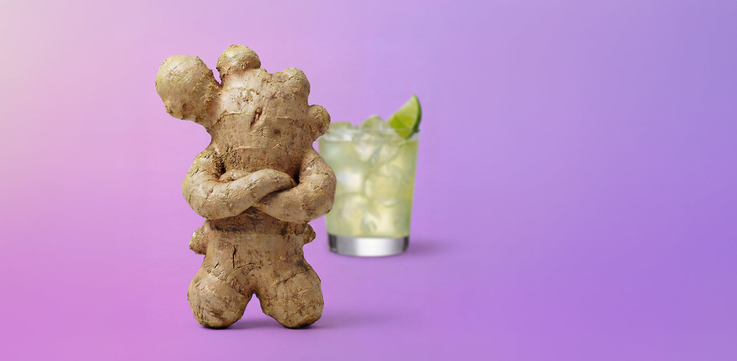 Ingwerknolle als Figur mit verschränkten Armen im Hintergrund ein Glas mit Drink
