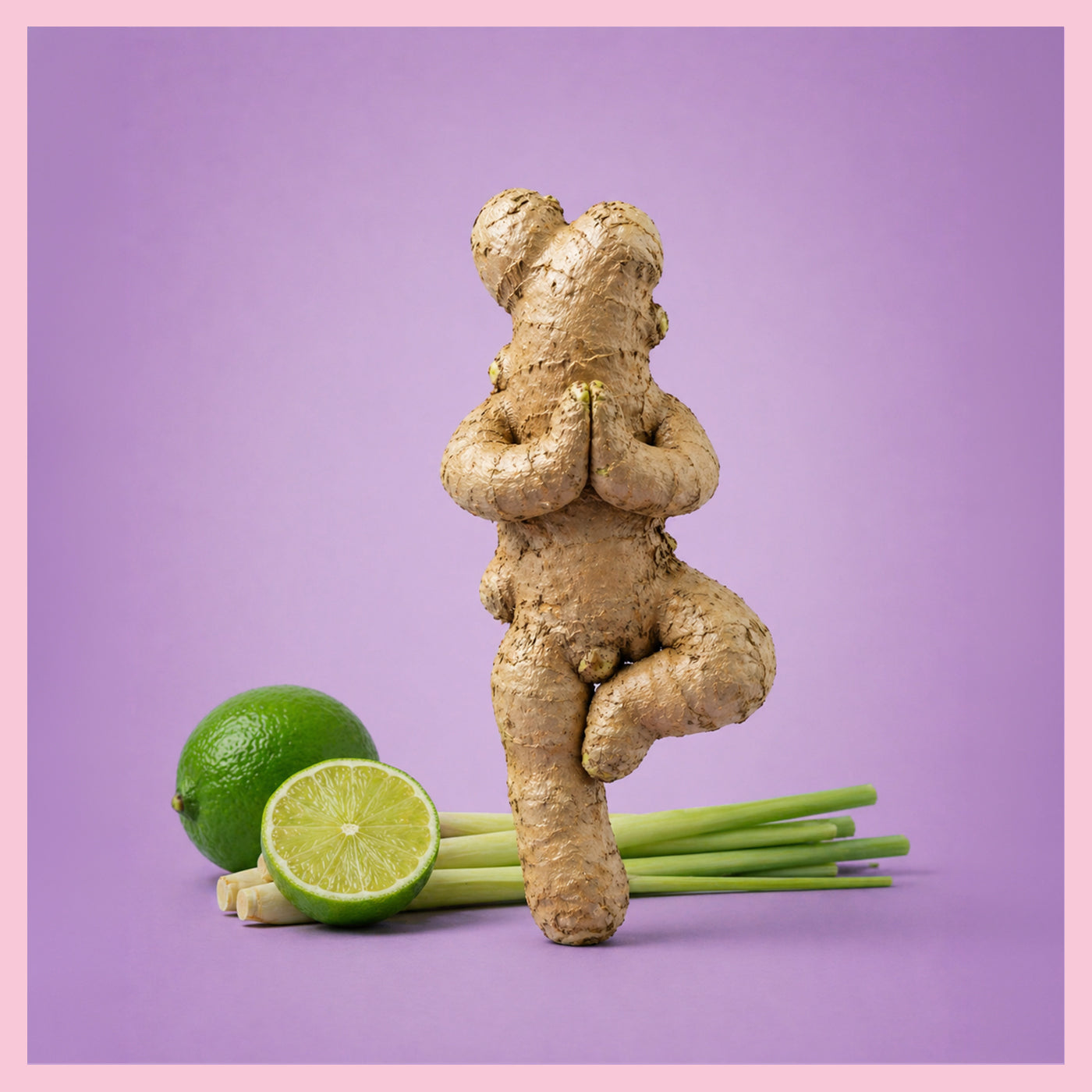 Ingwerknolle in Form einer Figur in Yogapose im Hintergrund Limetten und Zitronengras