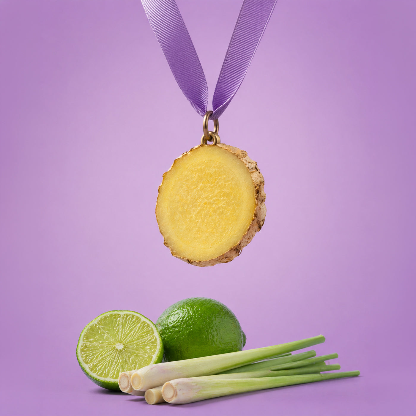 Ingwerscheibe als Medaille an einem Band, Limetten und Zitronengras